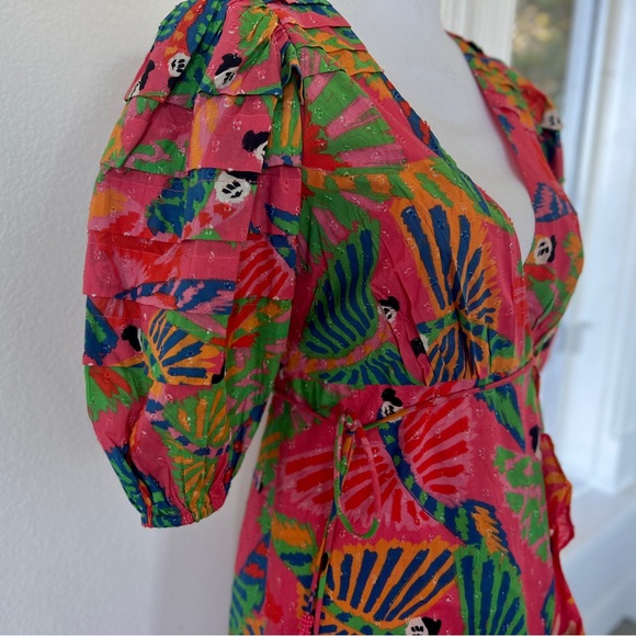 NWT - FARM Rio Coral Mixed Graphic Macaws Puff Sleeve Midi Dress / Size S - Picture 10 of 15